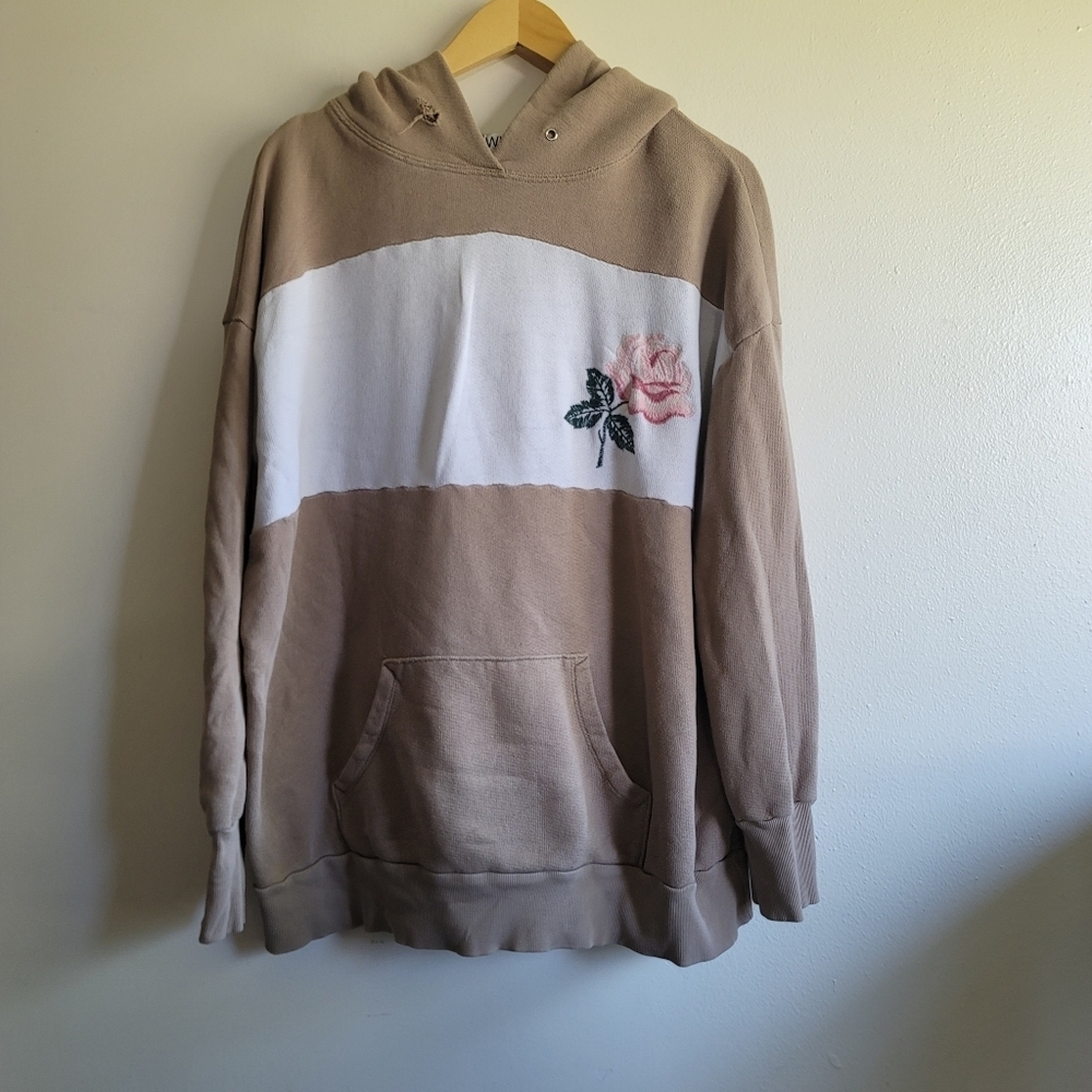 Wildfox, Oversized Colorblock Embroidered Roses Hoodie, Brown/Cream/Pink, Size M — image 3 of 8